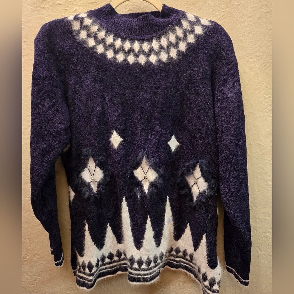Vintage Nordic Pattern Fuzzy Sweater Icelandic Style Oversized Cozy Knit